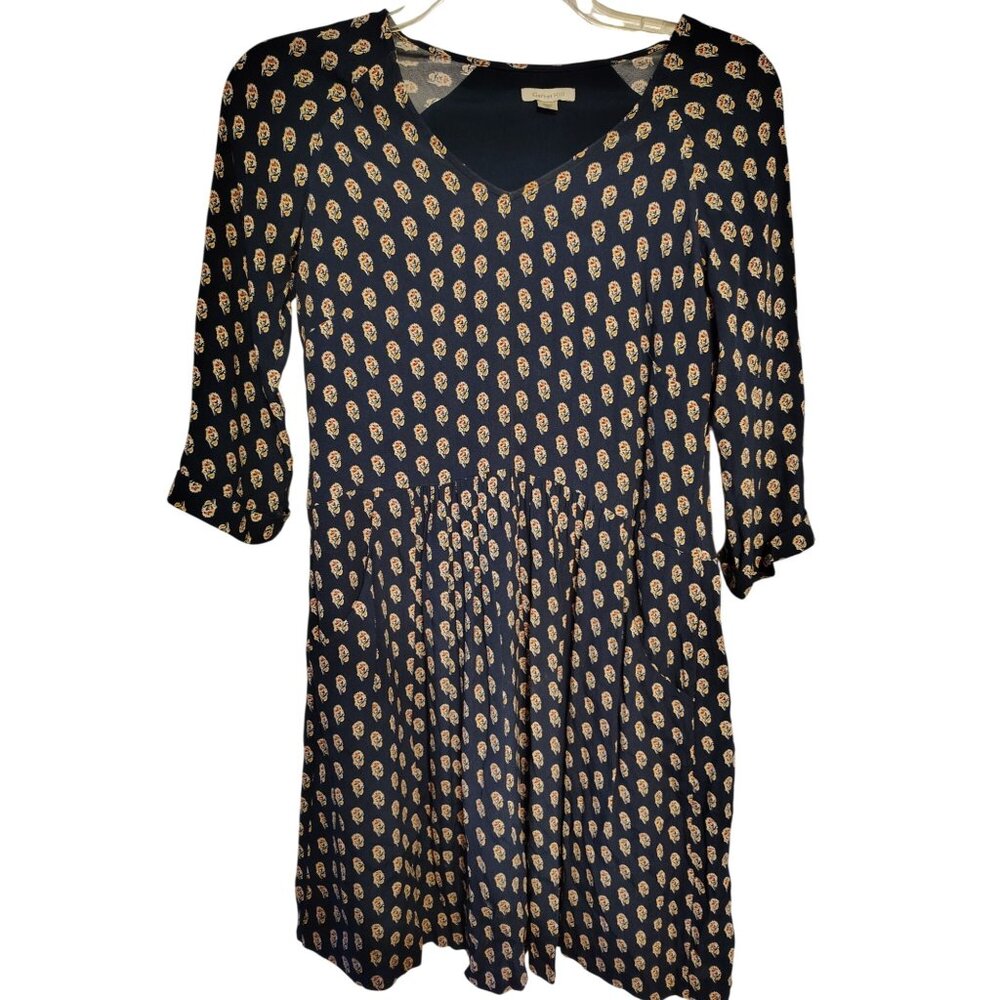 Garnet Hill Size 4 Navy Blue Dress, Flower Pattern, 3/4 Sleeve, V-Neck, Spring
